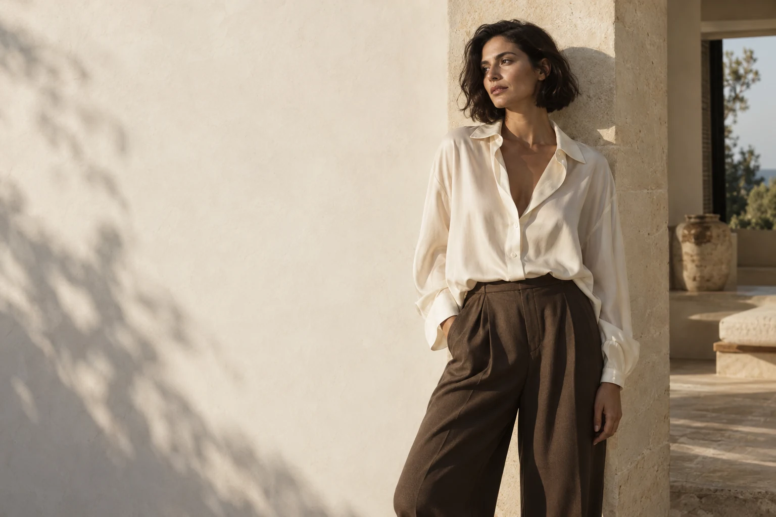 Editorial Atelier: blusa marfil y pantalón espresso junto a una pared de piedra