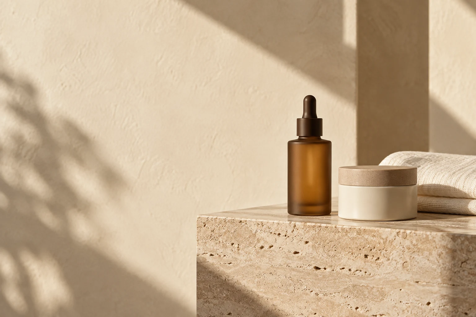 Productos de belleza sobre piedra travertino